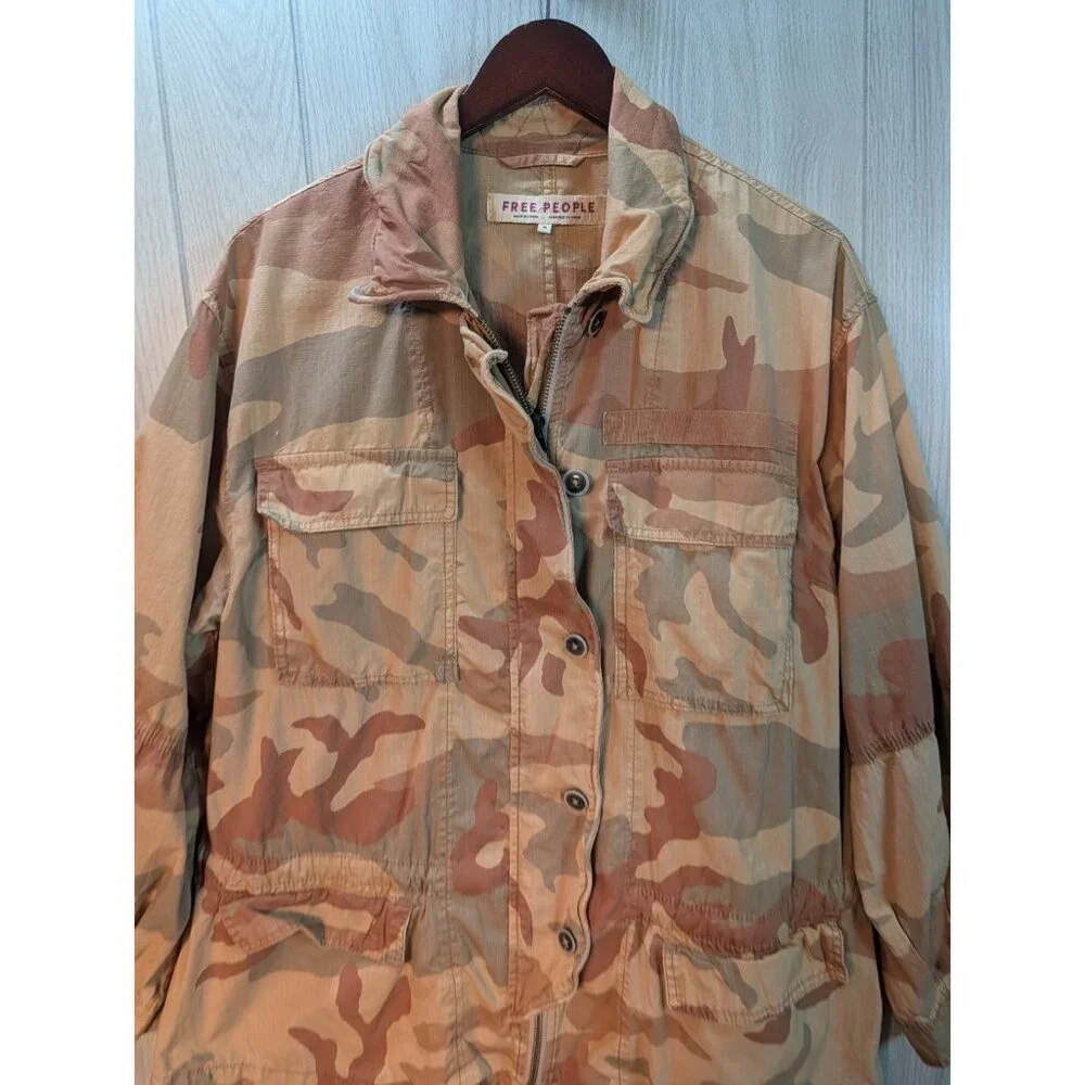 Free People Sz M Lead The Way Tan Camoflage Oversize Bohemian Cotton Jacket - Picture 2 of 6